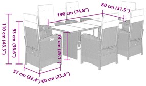 7 pcs conjunto de jantar p/ jardim c/ almofadões vime PE preto