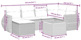 7 pcs conjunto de sofás p/ jardim com almofadões vime PE bege