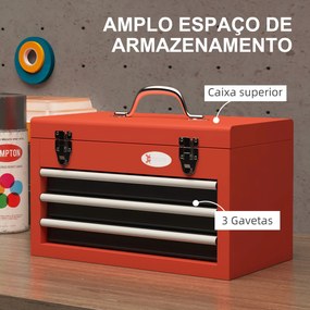 Caixa de Ferramentas de Aço Baú de Ferramentas Portátil com 2 Gavetas e 1 Caixa Superior e Alça 45x24x27 cm Vermelho