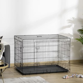 Gaiola para Cães Pequenos Gaiola para Animal de Estimação Dobrável com 2 Portas Alça de Transporte Bandeja Removível Aço 106x71x76cm Preto