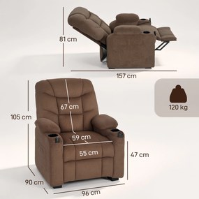 Poltrona Relax Reclinável Elétrico com Calor Lombar Massagem Vibratória Motor Silencioso Função Memória Bolsos e USB Castanho