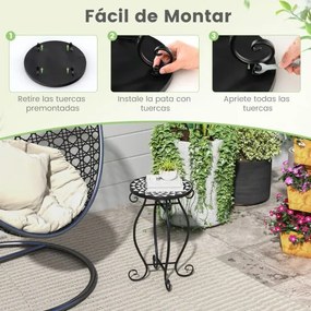 Mesa Auxiliar Mosaico Exterior Mesa Redonda com Tabuleiro de Cerâmica 30 x 30 x 50 cm Preto