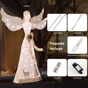 Anjo de Natal iluminado com 100 luzes brancas quentes, halo, laço e estacas para o solo 103 x 45 x 150 cm Branco + Dourado