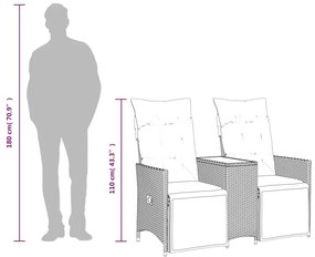 Sofá de jardim reclinável 2 lugares com mesa vime PE castanho
