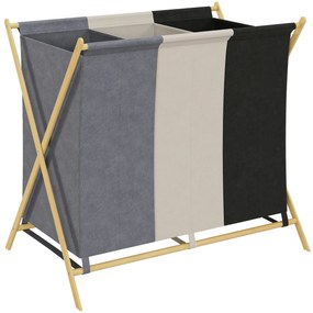 Cesto para Roupa Suja Dobrável com 3 Compartimentos Capacidade 129L com Estrutura de Bambu e Sacos Removíveis Multicolor