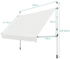 Toldo telescópico e retrátil 300 x 120 cm resistente aos raios UV impermeável com manivela manual e altura ajustável para janela varanda bege