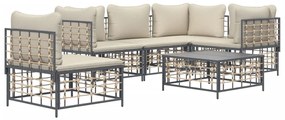 6 pcs conjunto lounge de jardim c/ almofadões vime PE antracite