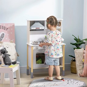 AIYAPLAY Cozinha Infantil de Madeira Cozinha para Crianças acima de 3 Anos com Altura Ajustável Luz Sons Lavatório Fogão Forno 60x30,5x93,2cm Branco e