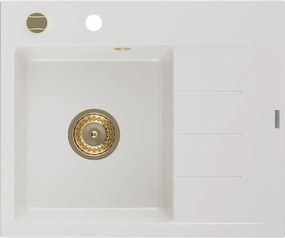 Mexen Ben lava-loiça de granito de 1 cuba com escorredor, esquerdo 600 x 500 mm, branco, sifão dourado - 6522605000-20-G