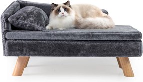 Cama elevada para animais de estimação 71 x 43 x 40 cm com almofada e travesseiro removíveis, pernas de madeira e encosto alto cinza escuro