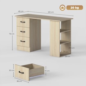 Secretária para Computador, 120 x 49 x 72 cm, Prateleiras e Gavetas, Cor de Madeira
