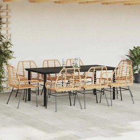 Conjunto jantar jardim 9 peças vidro vime PE castanho