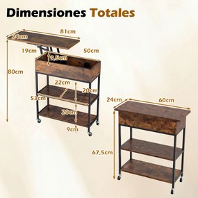 Mesa apoio com tampo elevável, estação de carregamento 60 x 24 x 67,5 cm, rodas, compartimento oculto, estantes abertos, mesa de cabeceira móvel em ca