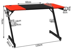 Mesa Gaming com superfície em fibra de carbono em formato Z para escritório em casa  120 x 60 x 76 cm Preto + Vermelho