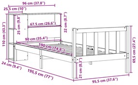 Cama com estante sem colchão 90x190 cm pinho maciço branco