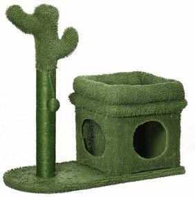 PawHut Árvore Arranhador para Gatos Desenho de Cacto com Cama Casa de Pelúcia Poste de Sisal e Bola Suspensa 68x30x67cm Verde