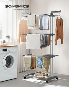 Estendal roupa 4 níveis com asas dobráveis e Rodas cinzento