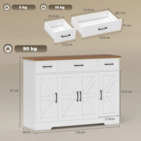 Aparador de Cozinha Rústico 4 Prateleiras de Porta Prateleiras Ajustáveis 3 Gavetas 120x38x87 cm Branco e Cor Nogueira
