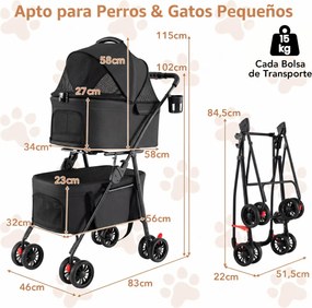 Carrinho duplo para animais de estimação 3 em 1, dobrável, com 2 caixas de transporte removíveis, assentos tipo cadeira de carro, 4 rodas, bloqueio de