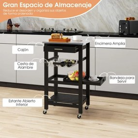Carrinho de cozinha 47 x 39 x 85 cm de 4 níveis com bancada de metal Gaveta removível Cesto Bandeja móvel Preto