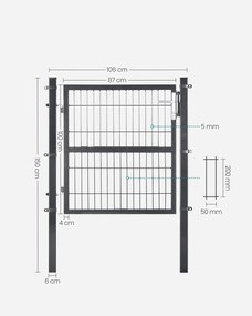 Portão de jardim com fechadura, 106 x 100 cm, em aço galvanizado cinzento