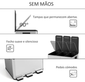 Balde de Lixo de Cozinha com 3 Compartimentos 3x10L com Pedais Tampas com Fechamento Suave e Cubo Amovível 49,6x34,5x38,6 cm Prata