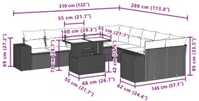 11 pcs conjunto sofás de jardim c/ almofadões vime PE preto