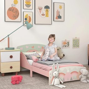 Cama para Crianças de Madeira com Barreira de Proteção e Estampados Carga Máx. 40 kg 77x143x60 cm Rosa