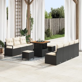 Conjunto de Sofás para Jardim de 10 Peças com Almofadas Pretas de Rattan Sintético e Acácia
