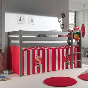 Cama alta de Criança PINO 90 x 200 cm + estrado + escada + cortina Circo Cinzenta