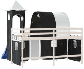 Cama alta criança c/ torre 80x200 cm pinho maciço branco/preto