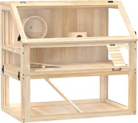 PawHut Gaiola para Hamster em Madeira com 3 Níveis, Base Funda Desmontável, Baloiço, Roda de Exercício, Rampas, Casinha, Natural | Aosom Portugal