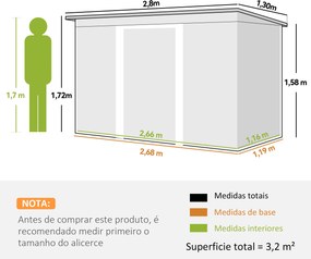 Abrigo de Jardim 280x130x172cm Abrigo de Exterior de Aço Galvanizado com Porta Corredeira e Ventilações Cinza Escuro