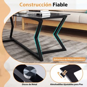 Mesa de centro retangular 110 x 55 x 44,5 cm com vidro temperado e Estrutura metálica geométrica, estilo moderno, cinzento escuro