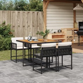 5 pcs conjunto de jantar p/ jardim c/ almofadões vime PE preto