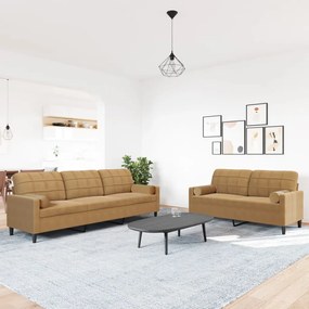 2 pcs conjunto de sofás com almofadões e rolos veludo castanho