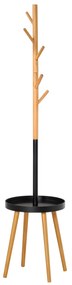 HOMCOM Cabide de Pé com Mesinha Auxiliar Redonda e 5 Ganchos com Altura Ajustável para Casacos Chapéus Bolsos Entrada 40x40x179cm Madeira Natural Preto