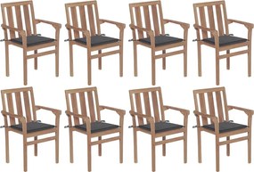 vidaXL Cadeiras de jardim empilháveis c/ almofadões 8 pcs teca maciça