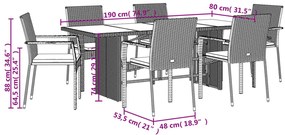 7 pcs conjunto de jantar p/ jardim c/ almofadões vime PE preto