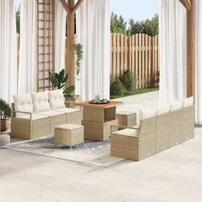 vidaXL Conjunto de Sofá de Jardim de 10 Peças com Almofadas Bege de Polirattan e Acácia