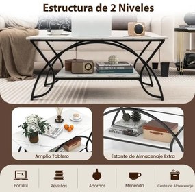 Mesa de centro moderna em imitação de mármore  2 níveis Estrutura metálica para sala de estar 100 x 50 x 45 cm Preto Branco