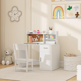 Secretária infantil com cadeira, mesa infantil com cadeira, gaveta, armário, compartimentos abertos, quadro de cortiça, branco