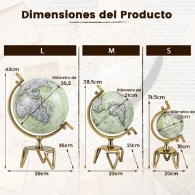 Globo geográfico mundial de 26 cm com suporte de metal em formato de triângulo decorativo antigo e giratório L