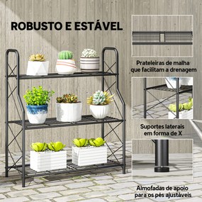 Suporte para Plantas de 3 Níveis Estante Metálica Resistente para Interior e Exterior 69x28,5x78 cm Preto