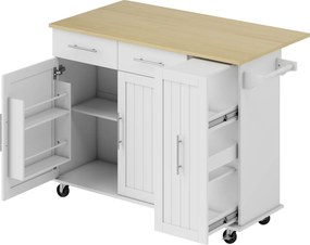 Ilha, Carrinho de Cozinha com Rodas Bancada Dobrável 2 Portas com Fecho Suave e Bandeja Extraível  129x65x91 cm Branco