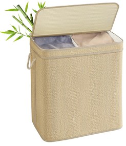 Cesto para roupa suja de 130 litros 67 x 44 x 61 cm em bambu com 2 compartimentos e tampa, cor natural