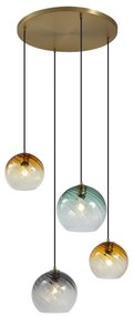 Candeeiro suspenso bronze com vidro fumado âmbar e verde redondo 4 luzes - Bao Art Deco