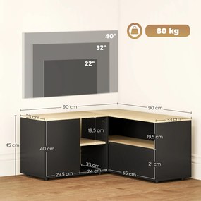 Móvel de TV de canto com banco para televisores até 40 polegadas, com 2 armários e 3 compartimentos abertos, 90 x 90 x 45 cm, em carvalho e preto