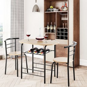 Conjunto de Mesa de Jantar em Madeira e Metal e 2 Cadeiras com Prateleira para Vinhos para Cozinha 80 x 74,5 x 53cm Natural