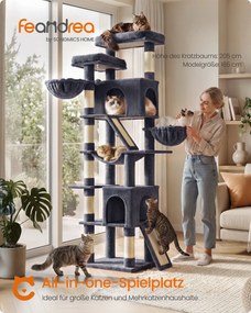 Arranhador para gatos para arranhar XXL com placas para arranhar e sisal, 55 x 45 x 206 cm, cinzento escuro
